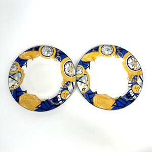 Furio Set of 2 Stoneware Blue Gold Clock Watches White‎ Salad Plates 8" Vintage